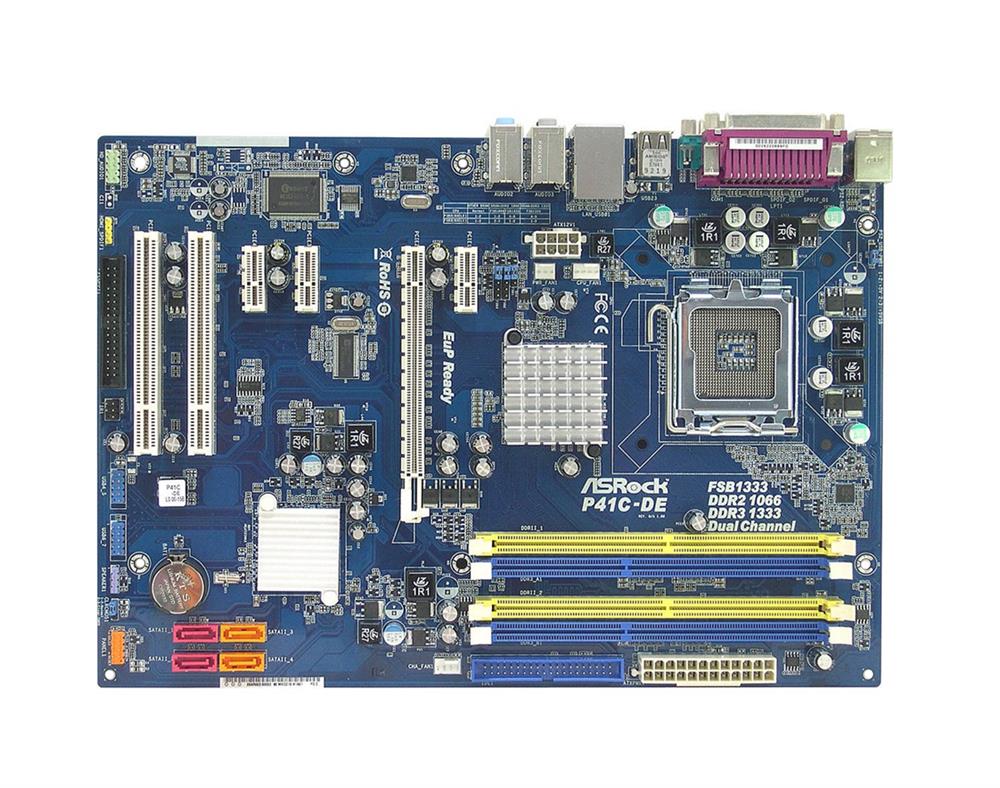 P41C-DE-BO-R ASRock P41C-DE Socket LGA 775 Intel G41 + ICH7 Chipset Core 2 Extreme/ Core 2 Quad/ Core 2 Duo/ Pentium Dual-Core/ Celeron Dual-Core/ Celeron Processors Support DDR3 2x DIMM 4x SATA2 3.0Gb/s ATX Motherboard (Refurbished)
