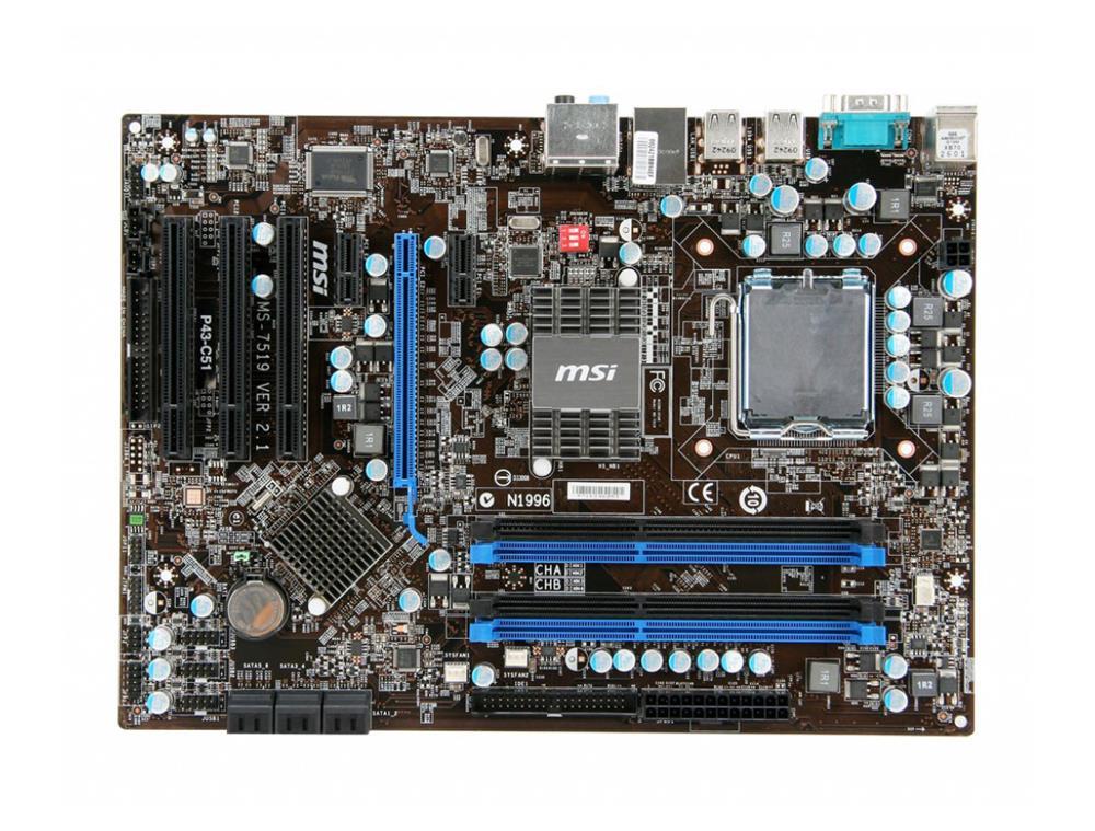 P43-C51 MSI Socket T LGA-775 P43 Express Chipset Pentium/ Celeron/ Core 2 Duo/ Core 2 Extreme/ Core 2 Quad/ Celeron 400 Processors Support DDR3 4x DIMM 6x SATA 3.0Gb/s ATX Motherboard (Refurbished)
