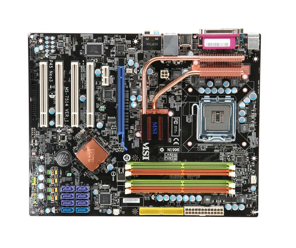 P45NEO3-FR MSI P45 Neo3-FR Socket LGA 775 Intel P45 Express + ICH10R Chipset Core 2 Duo/ Core 2 Extreme/ Core 2 Quad/ Pentium Dual-Core/ Celeron / Celeron Dual-Core Processors Support DDR2 4x DIMM 2x SATA 3.0Gb/s ATX Motherboard (Refurbished)