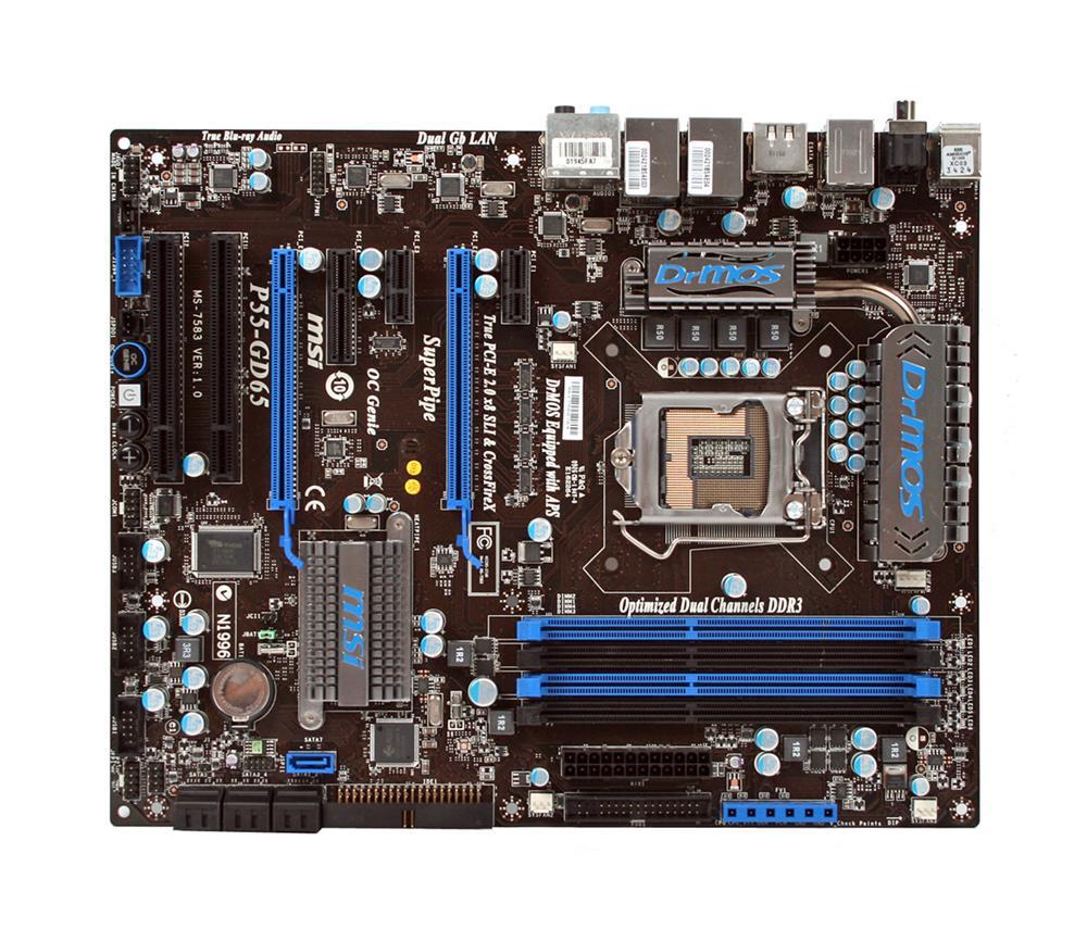 P55-GD65 MSI Socket LGA 1156 Intel P55 Chipset Core i7 / i5 Processors Support DDR3 4x DIMM 7x SATA 3.0Gb/s ATX Motherboard (Refurbished)