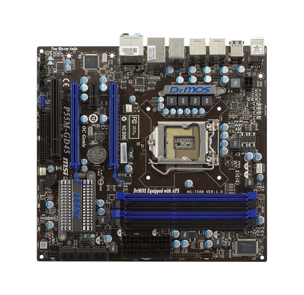 P55M-GD45-7588-002 MSI P55M-GD45 Socket LGA 1156 Intel P55 Express Chipset Core i7 / i5 Processors Support DDR3 4x DIMM 6x SATA 3.0Gb/s Micro-ATX Motherboard (Refurbished)