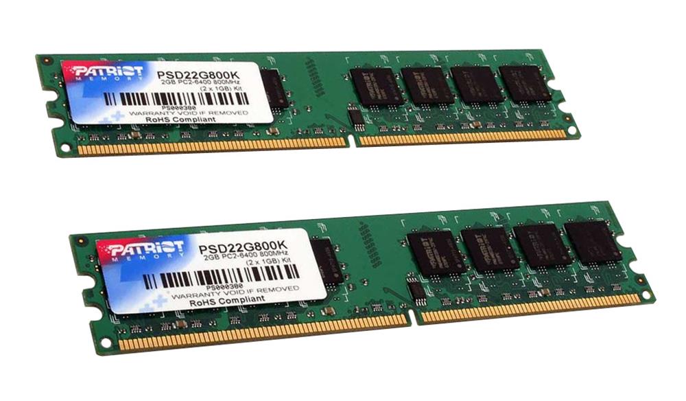 PSD22G800K Patriot Signature 2GB Kit (2 X 1GB) PC2-6400 DDR2-800MHz non-ECC Unbuffered CL5 240-Pin DIMM Dual Rank Memory