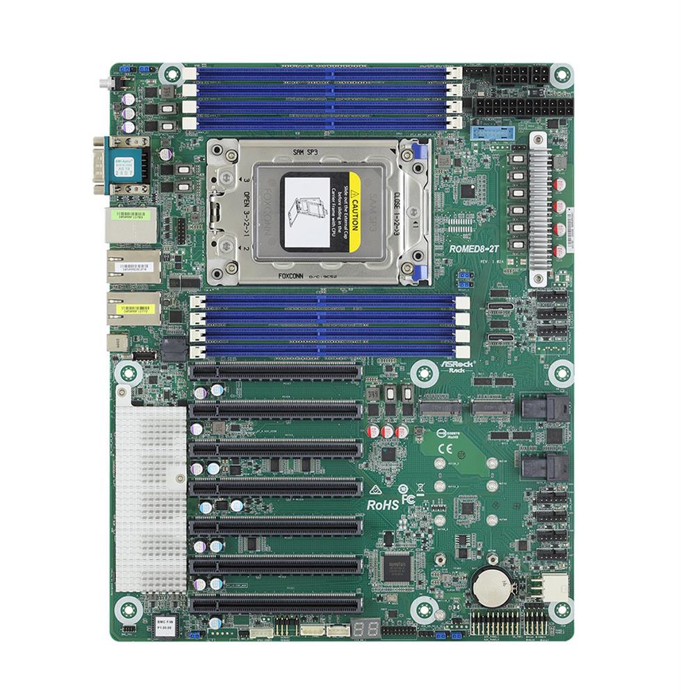 ROMED8-2T ASRock Socket SP3 System On Chipset AMD EPYC 7002/7003 Processors Support DDR4 8x DIMM 10x SATA3 6.0Gb/s ATX Motherboard (Refurbished)