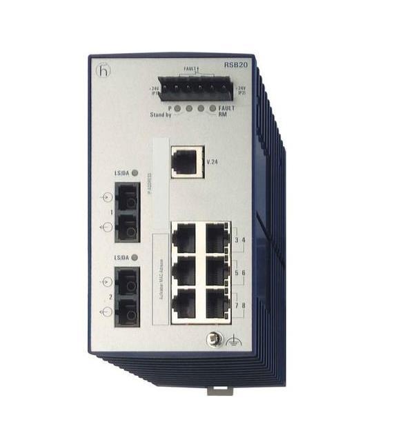 RSB20-0800S2S2SAAB Hirschmann Mananaged Industrial Ethernet Rail Switch with 6 RJ45 Fast (100 Mbps) Copper Ports and 2 Fast (10/100) Fiber Single mode port with SC connection (Refurbished)
