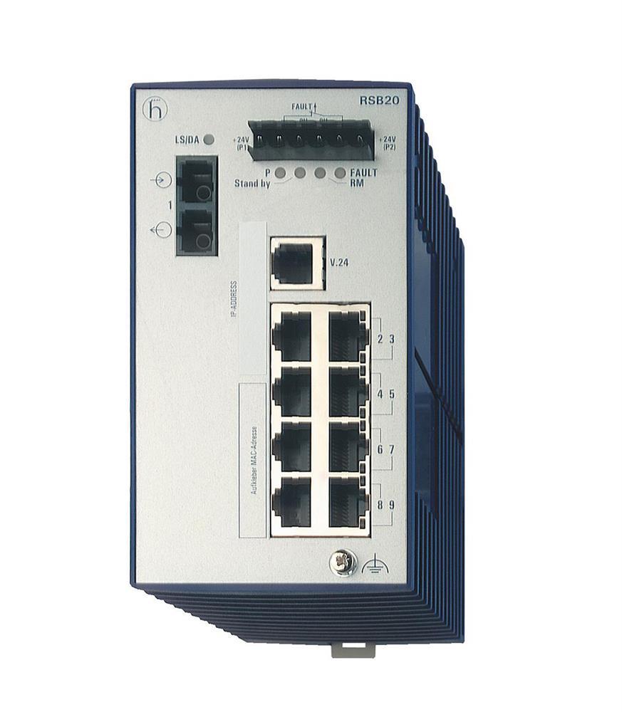 RSB20-0900M2TTSAAB Hirschmann Mananaged Industrial Ethernet Rail Switch with 8 RJ45 Fast (100 Mbps) Copper Ports and 1 Fast (10/100) Fiber Multimode Ports with SC connection (Refurbished)