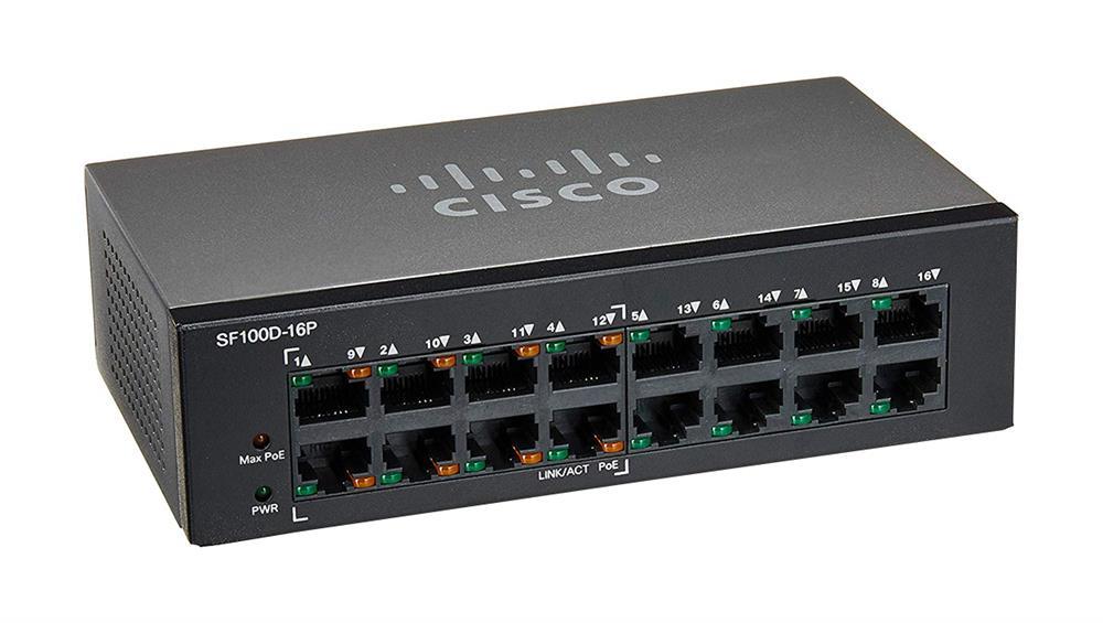SF100D-16P-NA Cisco 16-Ports 8 x POE 8 x RJ-45 10/100Base-TX PoE Ports Unmanaged Desktop Switch (Refurbished)