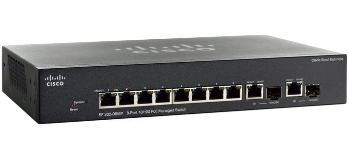 SF302-08MP Cisco 8-Ports Fast Ethernet + 2-Port Gigabit Ethernet Switch (Refurbished)