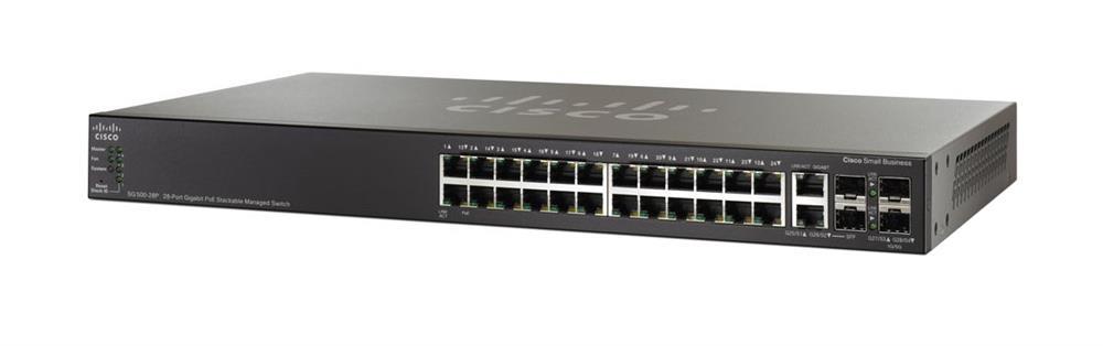 SG500-28P-K9-NA Cisco Ethernet Switch 24-Ports Manageable 24 x POE 24 x RJ-45 Stack Port 4 x Expansion Slots 10/100/1000Base-T PoE Ports Desktop Rack-mountable Stackable (Refurbished)