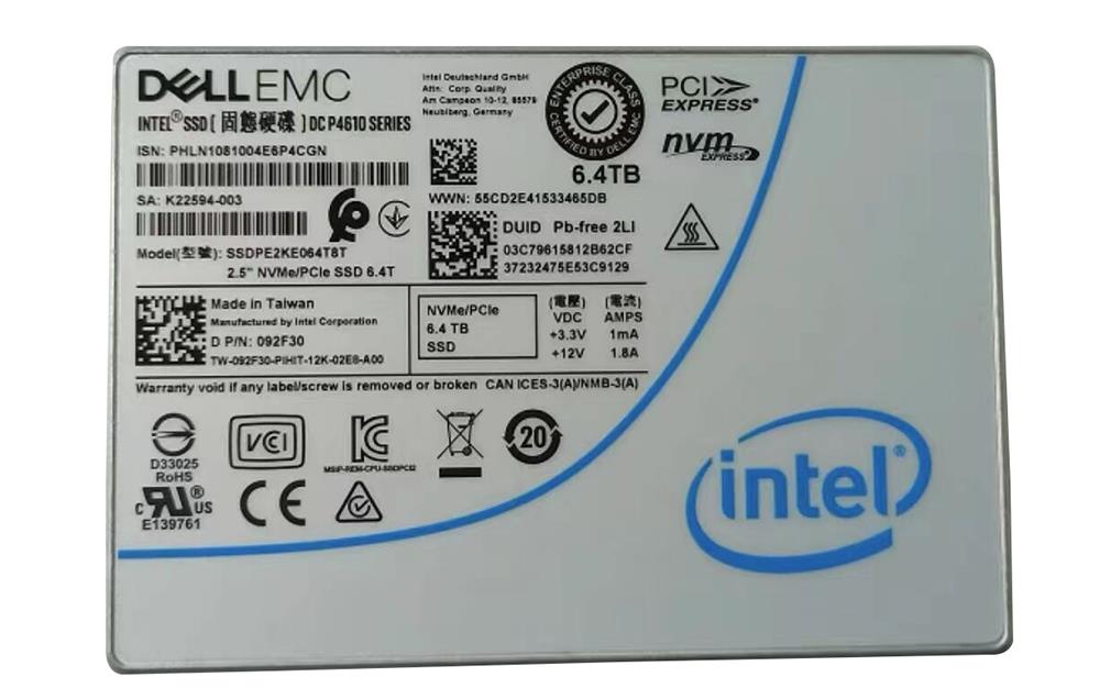 SSDPE2KE064T8T Intel DC P4610 Series 6.4TB TLC PCI Express 3.1 x4 NVMe (AES 256-Bits) U.2 2.5-inch Internal Solid State Drive (SSD)
