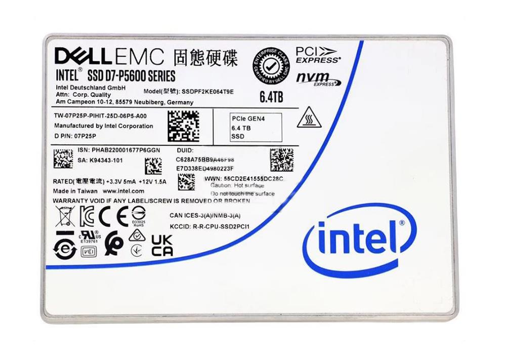 SSDPF2KE064T9E Intel P5600 Series 6.4TB TLC PCI Express 4.0x4 NVMe 2.5-inch Internal Solid State Drive (SSD)