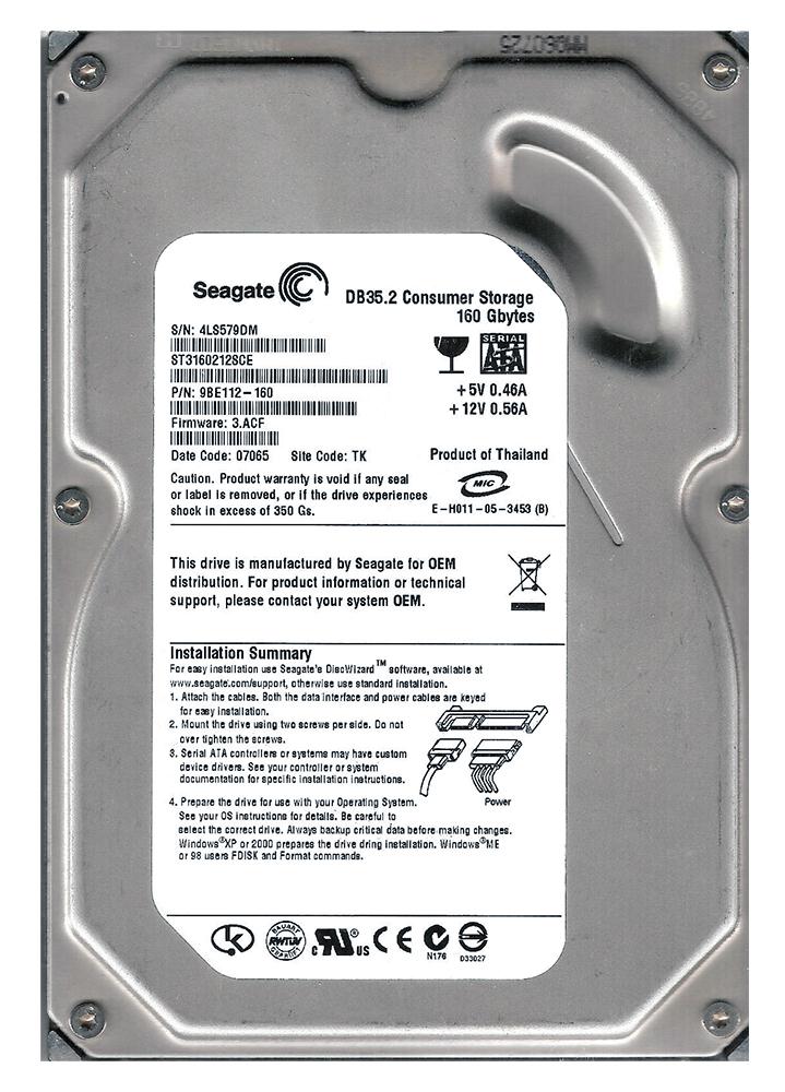 ST3160212SCE Seagate DB35 Series 160GB 7200RPM SATA 3Gbps 2MB Cache 3.5-inch Internal Hard Drive