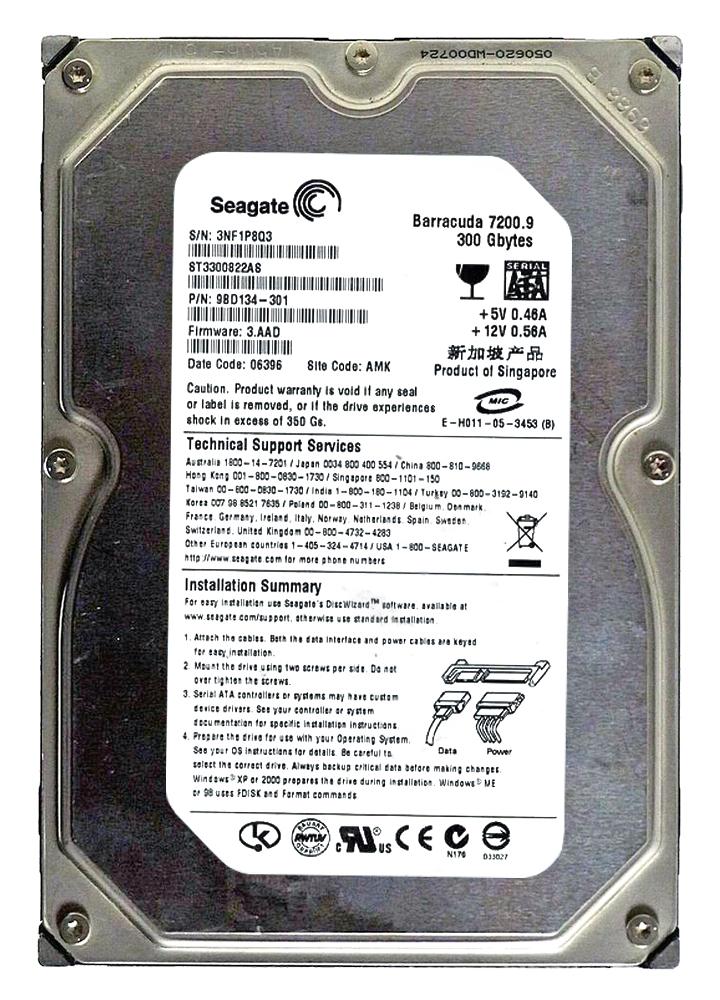 ST3300822AS Seagate Barracuda 7200.9 300GB 7200RPM SATA 3Gbps 8MB Cache 3.5-inch Internal Hard Drive