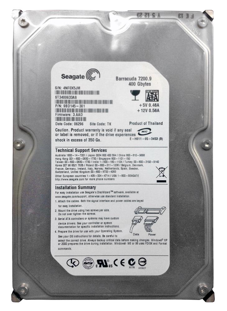 ST3400633AS Seagate Barracuda 7200.9 400GB 7200RPM SATA 3Gbps 16MB Cache 3.5-inch Internal Hard Drive