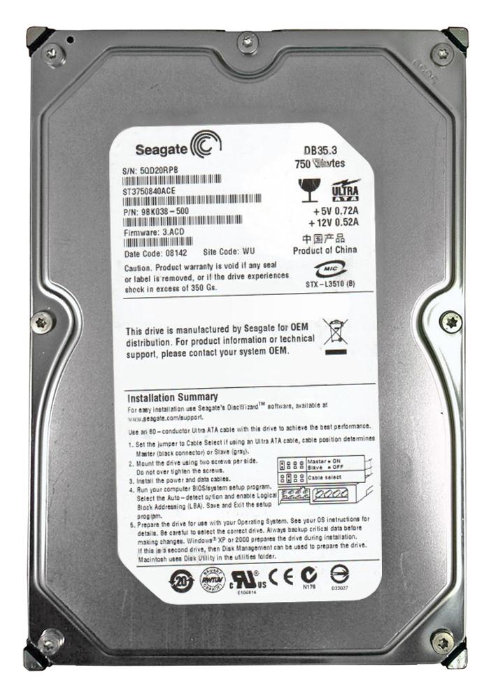 ST3750840ACE Seagate DB35 Series 750GB 7200RPM ATA-100 8MB Cache 3.5-inch Internal Hard Drive