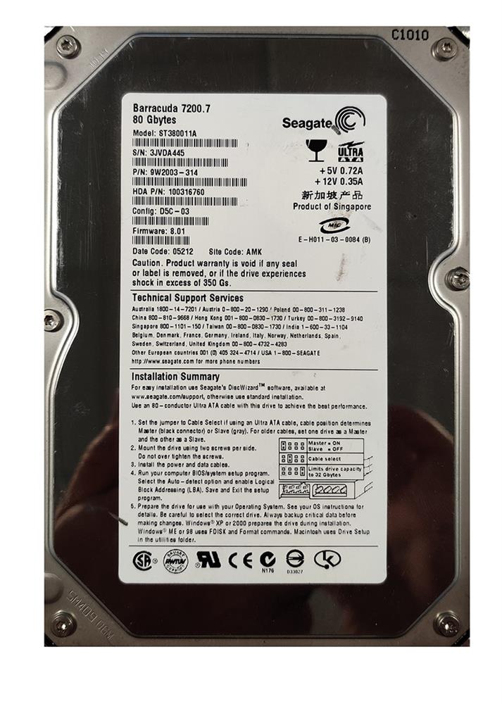 ST380011A Seagate Barracuda 7200.7 80GB 7200RPM ATA-100 2MB Cache 3.5-inch Internal Hard Drive
