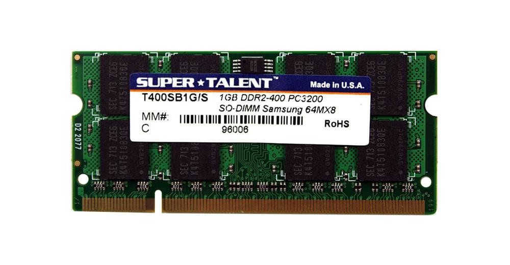 T400SB1G/S Super Talent 1GB PC2-3200 DDR2-400MHz non-ECC Unbuffered CL3 200-Pin SoDimm Memory Module