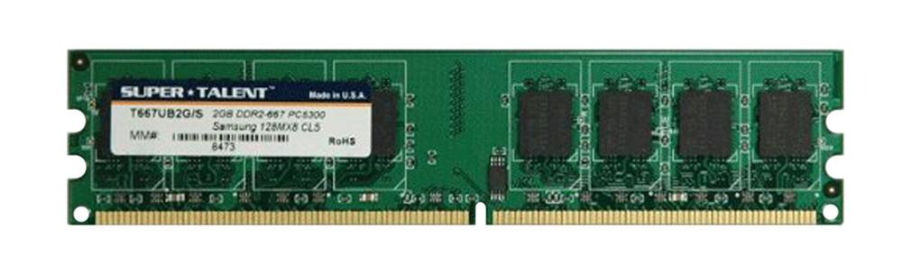 T667UB2G/S Super Talent 2GB PC2-5300 DDR2-667MHz non-ECC Unbuffered CL5 240-Pin DIMM Dual Rank Memory Module