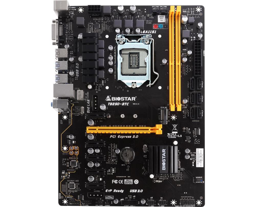 TB250-BTC+ Biostar Socket LGA 1151 Intel B250 Chipset 7th/6th Generation Core i7 / i5 / i3 / Pentium / Celeron Processors Support DDR4 2x DIMM 6x SATA3 6.0Gb/s ATX Motherboard (Refurbished)