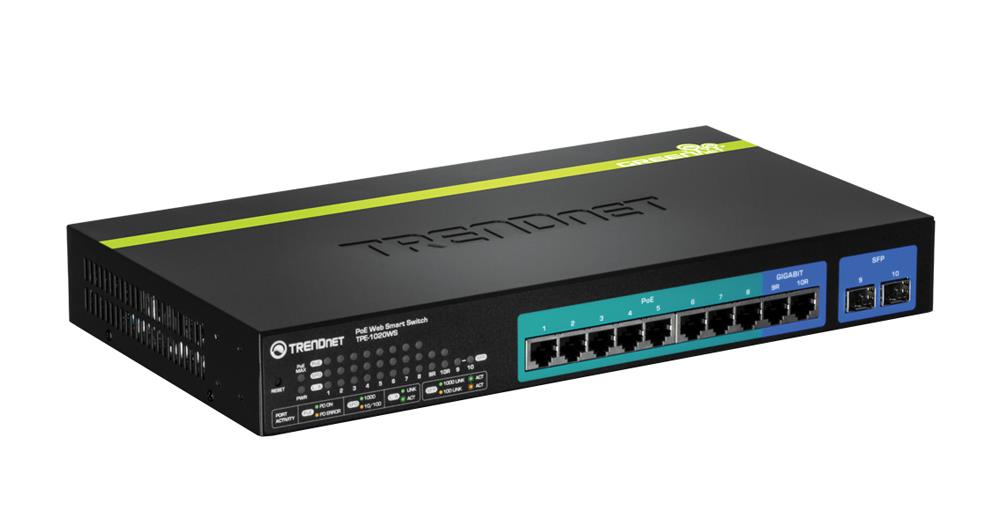 TPE-1020WS TRENDnet 10-Ports Gigabit Web Smart PoE+ Switch 10 Ports Manageable 8 x POE+ 2 x Expansion Slots 10/100/1000Base-T PoE Ports Rack-mountable (Refurbished)