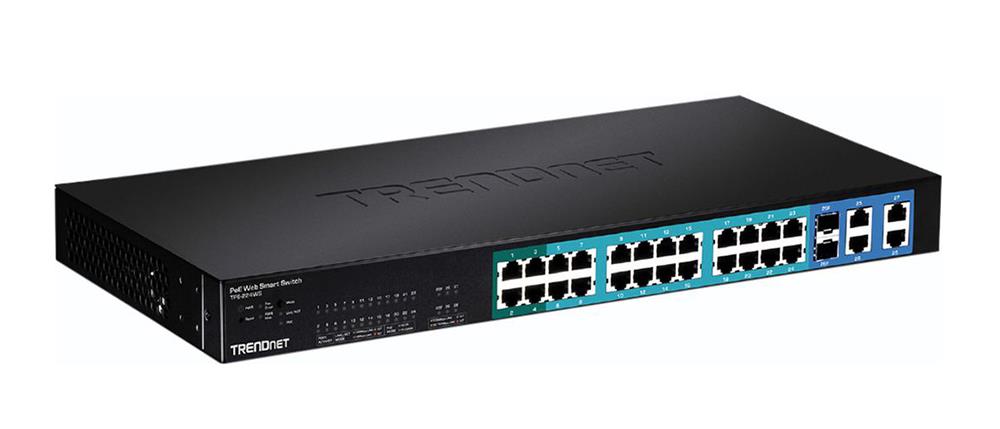 TPE-224WS TRENDnet 24-Ports 10/100Mbps Web Smart PoE Switch 2 x SFP (mini-GBIC) Shared 24 x 10/100Base-TX LAN 4 x 10/100/1000Base-T LAN (Refurbished)