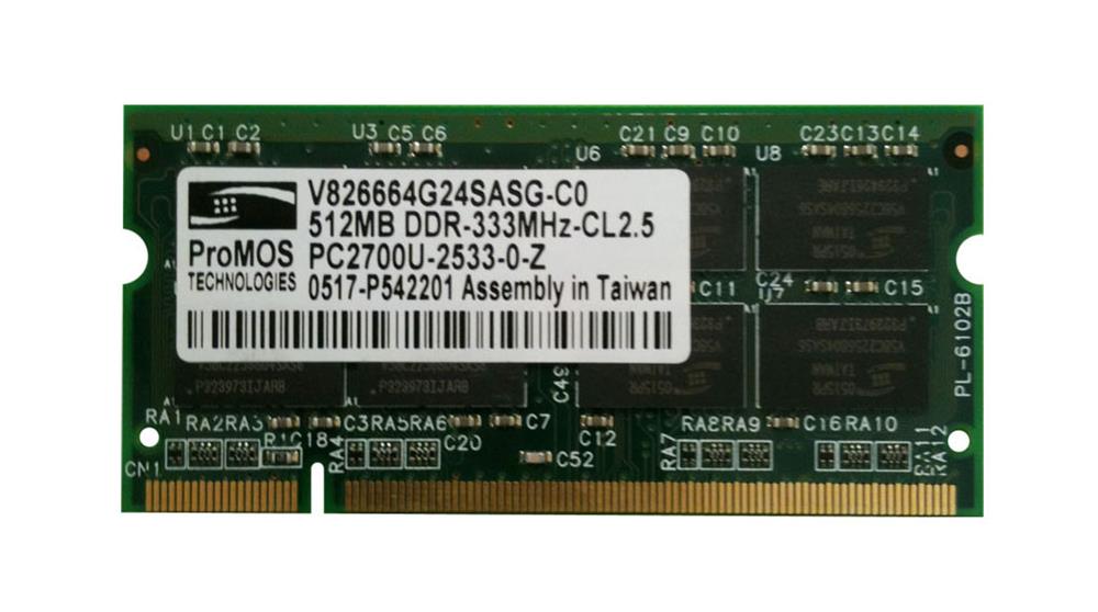 V826664G24SASG-C0 ProMOS 512MB PC2700 DDR-333MHz non-ECC Unbuffered CL2.5 200-Pin SoDimm Memory Module