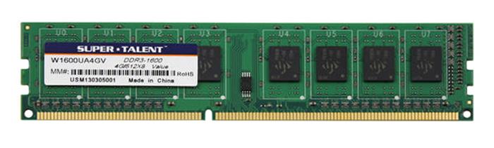 W1600UA4GV Super Talent 4GB PC3-12800 DDR3-1600MHz non-ECC Unbuffered CL11 240-Pin DIMM Memory Module