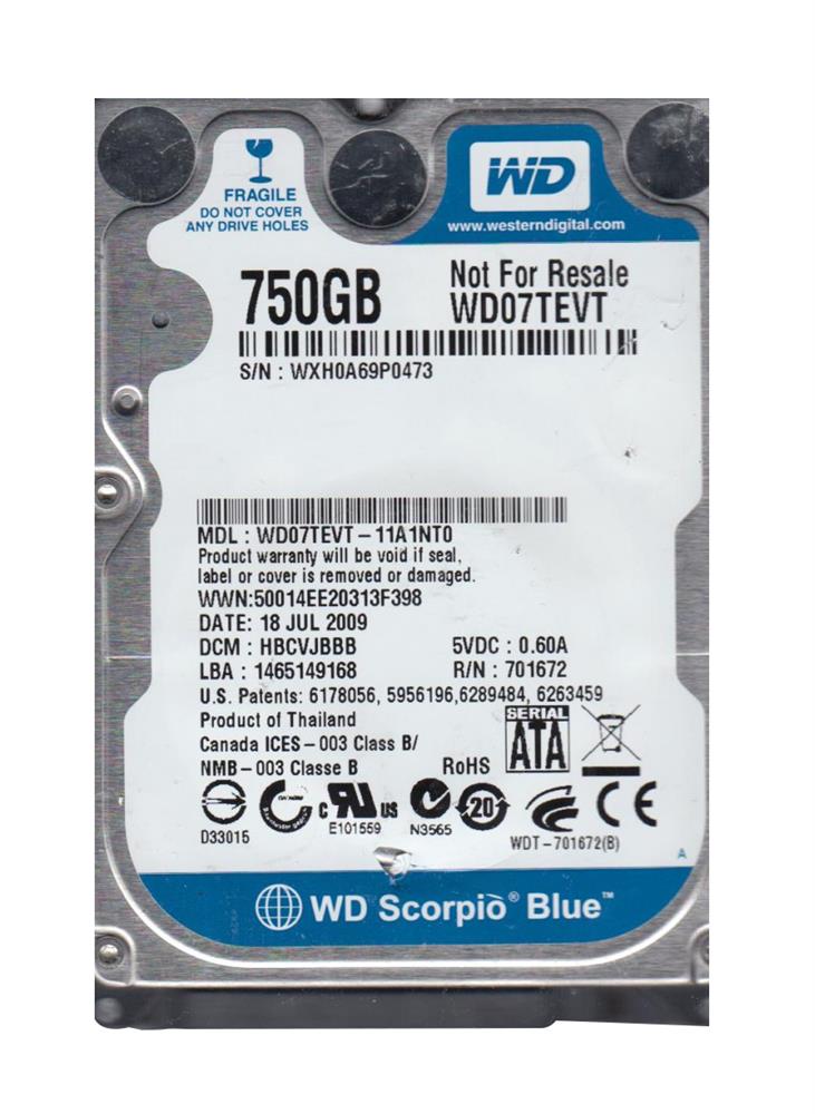 WD07TEVT-11A1NT0 Western Digital Scorpio Blue 750GB 5200RPM SATA 3Gbps 8MB Cache 2.5-inch Internal Hard Drive