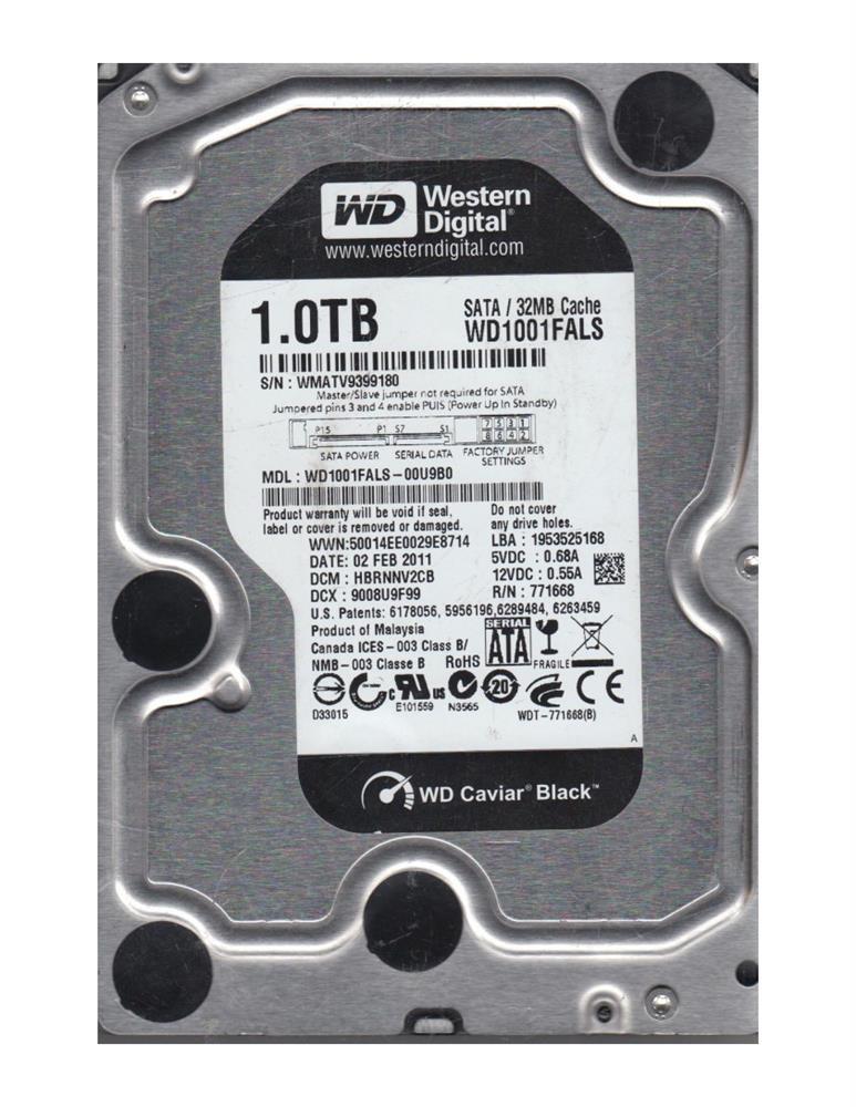 WD1001FALS-00U9B0 Western Digital Caviar Black 1TB 7200RPM SATA 3Gbps 32MB Cache 3.5-inch Internal Hard Drive