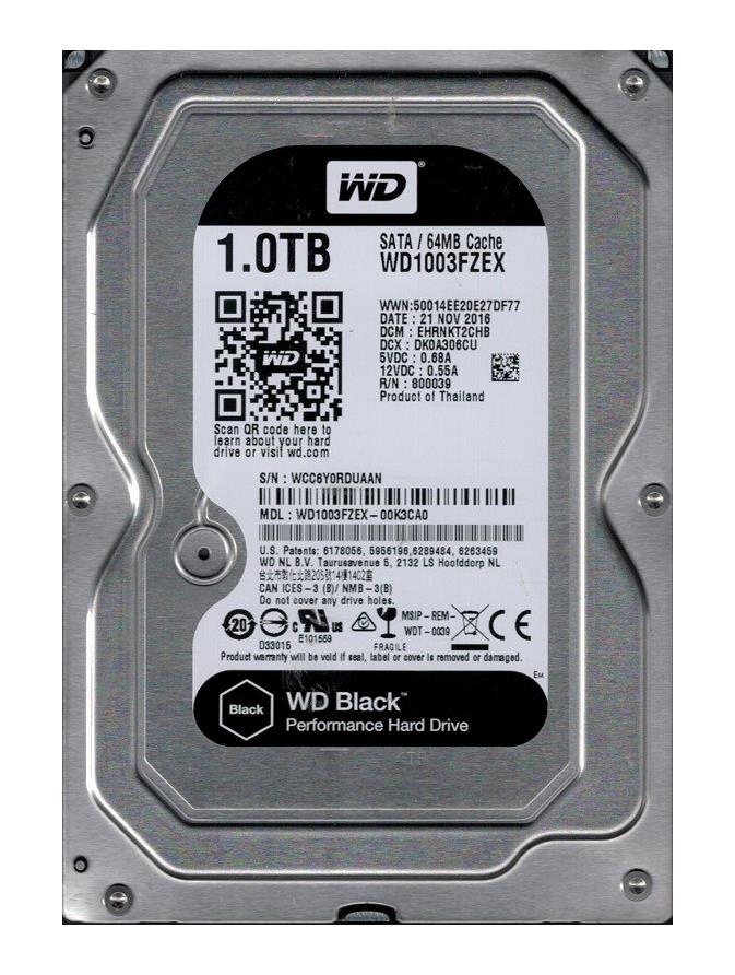 WD1003FZEX-00K3CA0 Western Digital Black 1TB 7200RPM SATA 6Gbps 64MB Cache 3.5-inch Internal Hard Drive