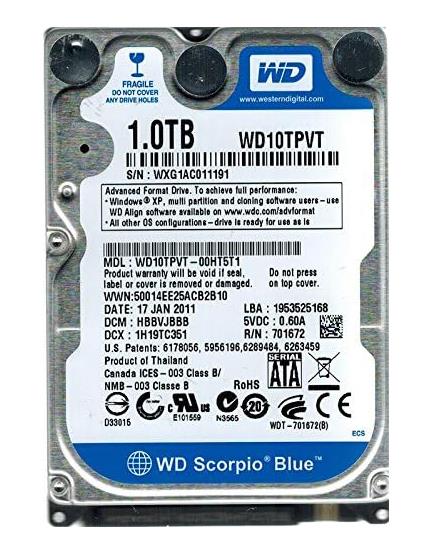 WD10TPVT-00HT5T1 Western Digital Scorpio Blue 1TB 5200RPM SATA 3Gbps 8MB Cache 2.5-inch Internal Hard Drive