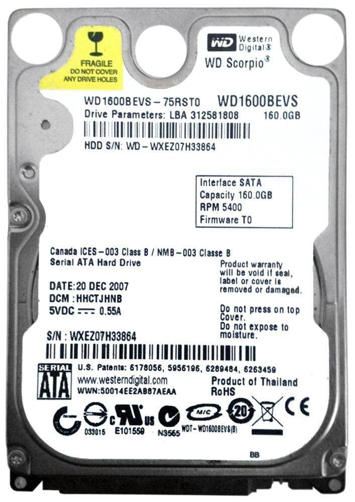 WD1600BEVS-O8VAT2 Western Digital Scorpio Blue 160GB 5400RPM SATA 1.5Gbps 8MB Cache 2.5-inch Internal Hard Drive