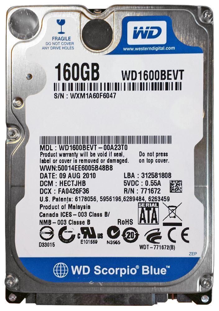 WD1600BEVT Western Digital Scorpio Blue 160GB 5400RPM SATA 3Gbps 8MB Cache 2.5-inch Internal Hard Drive