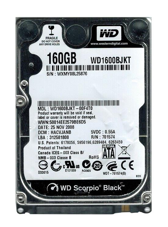WD1600BJKT-OOF4TO Western Digital Scorpio Black 160GB 7200RPM SATA 3Gbps 16MB Cache 2.5-inch Internal Hard Drive