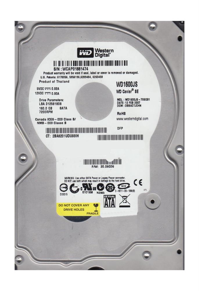 WD1600JS-70SGB1 Western Digital Caviar Blue 160GB 7200RPM SATA 3Gbps 8MB Cache 3.5-inch Internal Hard Drive