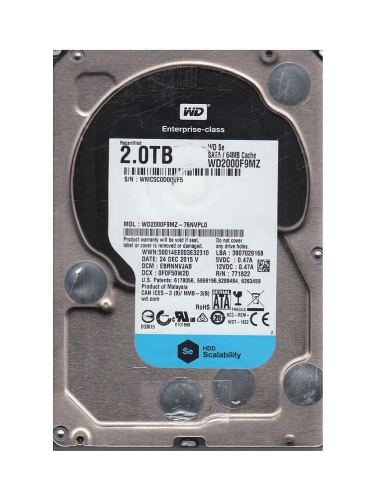 WD2000F9MZ-76NVPL0 Western Digital SE 2TB 7200RPM SATA 6Gbps 64MB Cache 3.5-inch Internal Hard Drive