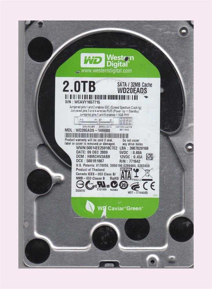 WD20EADS-14R6B0 Western Digital Caviar Green 2TB 5400RPM SATA 3Gbps 32MB Cache 3.5-inch Internal Hard Drive