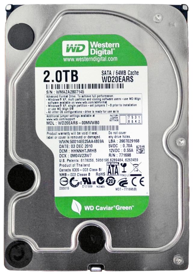 WD20EARS-00MVWB0 Western Digital Caviar Green 2TB 5400RPM SATA 3Gbps 64MB Cache 3.5-inch Internal Hard Drive