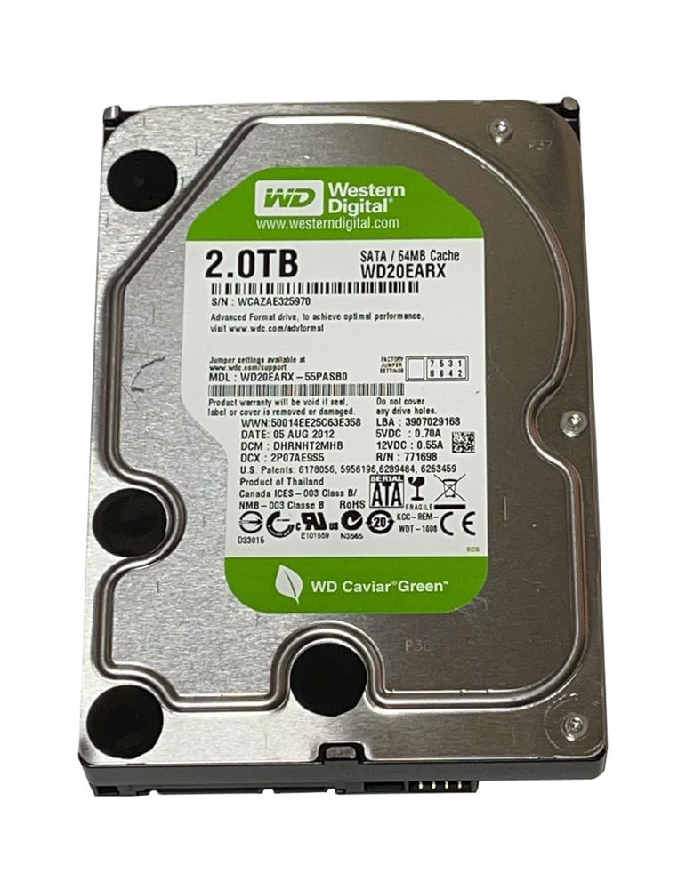 WD20EARX-55PASBO Western Digital Caviar Green 2TB 5400RPM SATA 6Gbps 64MB Cache 3.5-inch Internal Hard Drive