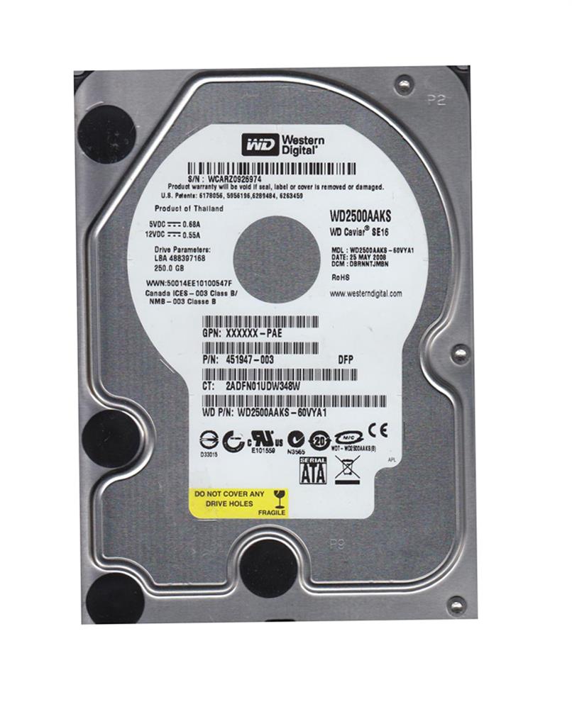 WD2500AAKS-60VYA1 Western Digital Caviar Blue 250GB 7200RPM SATA 3Gbps 16MB Cache 3.5-inch Internal Hard Drive