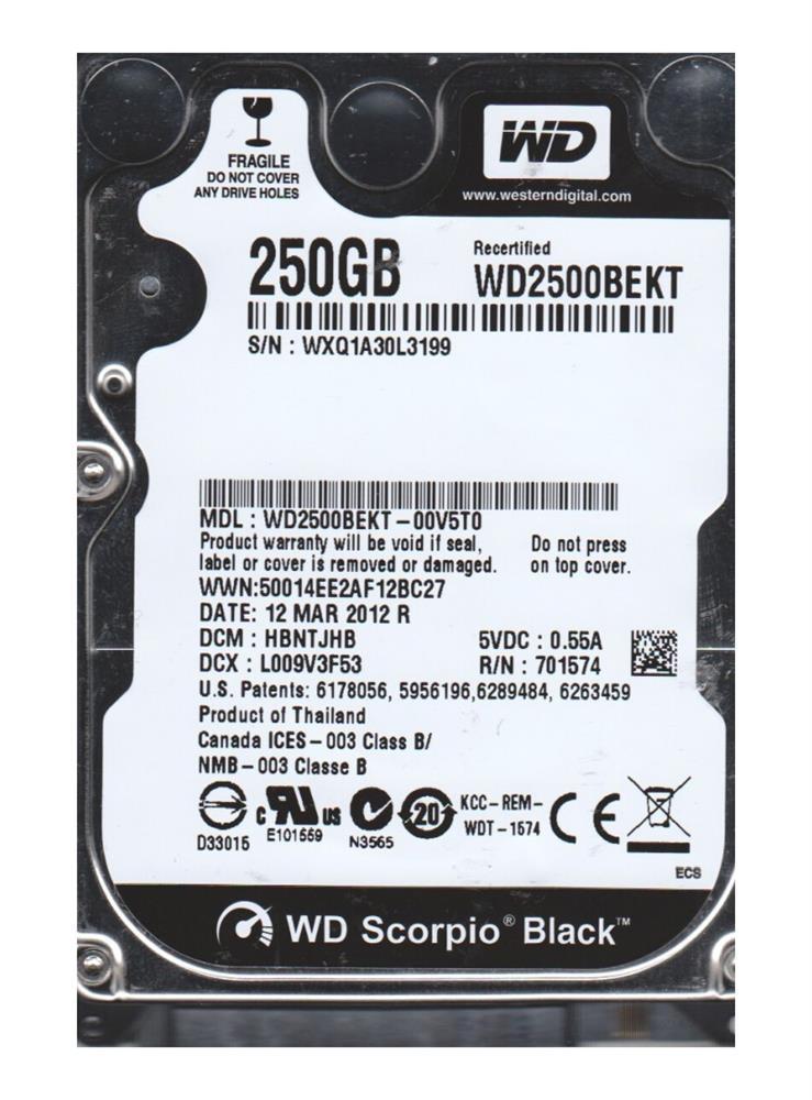 WD2500BEKT-OOV5TO Western Digital Scorpio Black 250GB 7200RPM SATA 3Gbps 16MB Cache 2.5-inch Internal Hard Drive