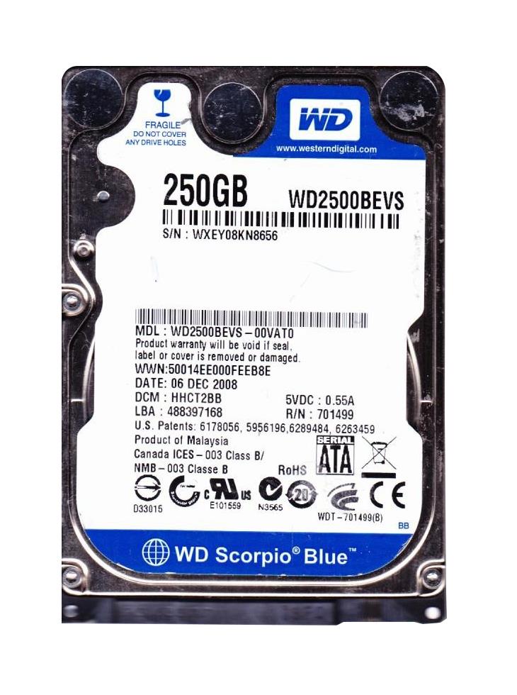 WD2500BEVS-00VAT0 Western Digital Scorpio Blue 250GB 5400RPM SATA 1.5Gbps 8MB Cache 2.5-inch Internal Hard Drive