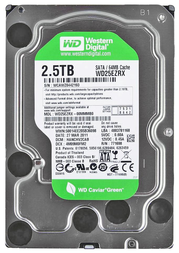 WD25EZRX-00MMMB0 Western Digital Caviar Green 2.5TB 5400RPM SATA 6Gbps 64MB Cache 3.5-inch Internal Hard Drive