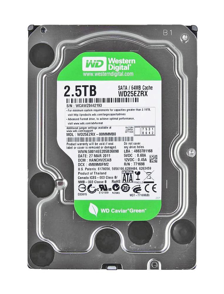 WD25EZRX-A1 Western Digital Caviar Green 2.5TB 5400RPM SATA 6Gbps 64MB Cache 3.5-inch Internal Hard Drive
