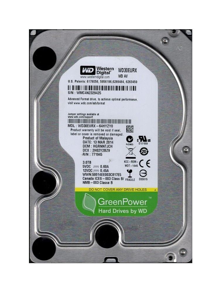 WD30EURX-64HYZYO Western Digital AV-GP 3TB 5400RPM SATA 6Gbps 64MB Cache 3.5-inch Internal Hard Drive