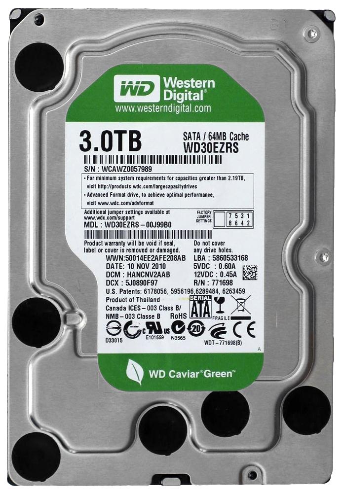 WD30EZRS-00J99B0 Western Digital Caviar Green 3TB 5400RPM SATA 3Gbps 64MB Cache 3.5-inch Internal Hard Drive
