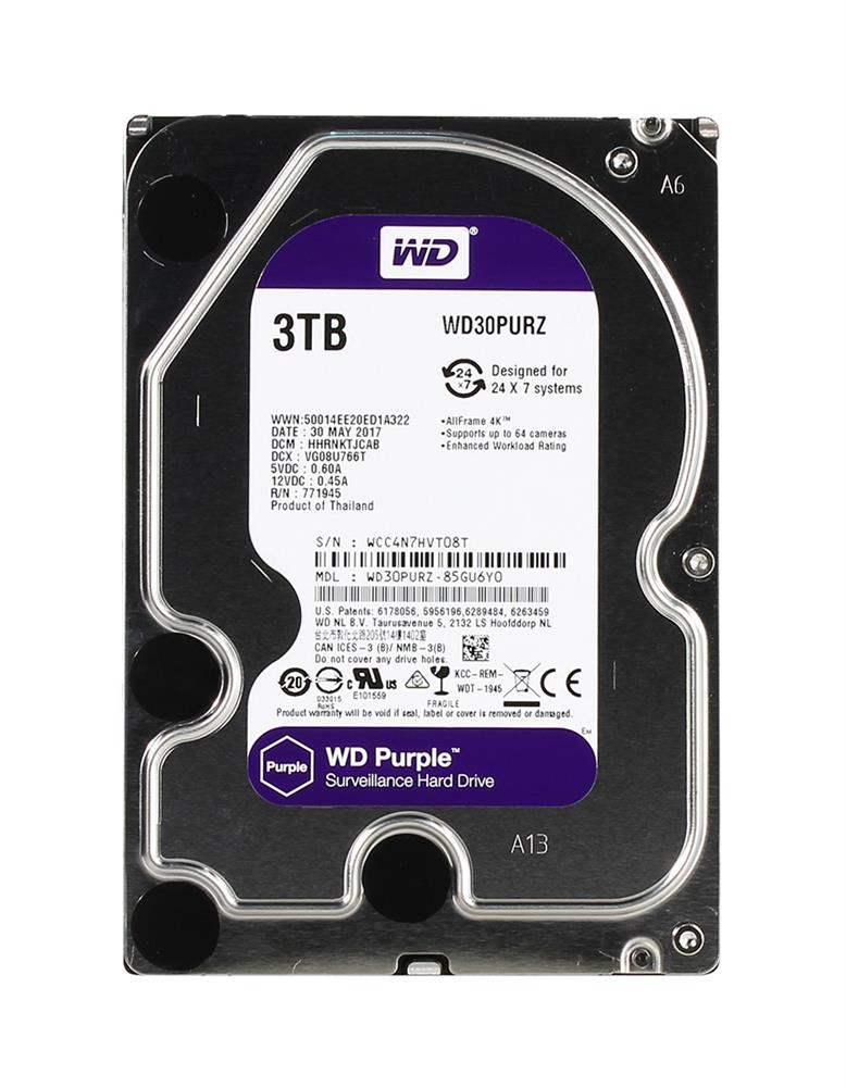 WD30PURZ-85GU6Y0 Western Digital Purple Surveillance 3TB 5400RPM SATA 6Gbps 64MB Cache 3.5-inch Internal Hard Drive