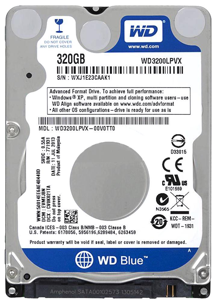 WD3200LPVX Western Digital Blue 320GB 5400RPM SATA 6Gbps 8MB Cache 2.5-inch Internal Hard Drive