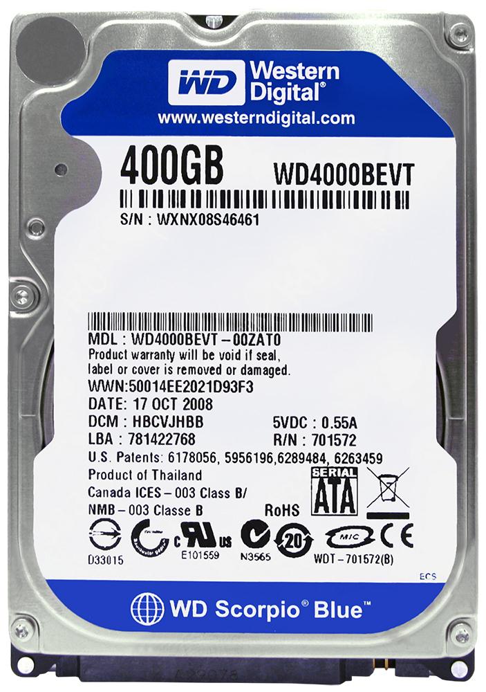 WD4000BEVT Western Digital Scorpio Blue 400GB 5400RPM SATA 3Gbps 8MB Cache 2.5-inch Internal Hard Drive