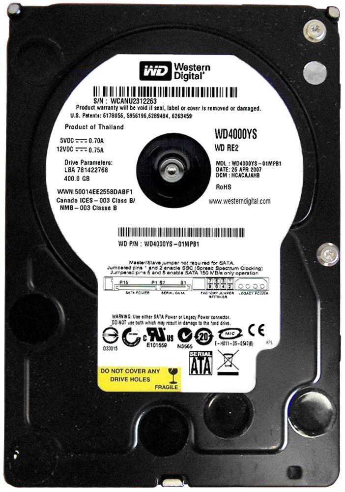 WD4000YS Western Digital Caviar RE 400GB 7200RPM SATA 3Gbps 16MB Cache 3.5-inch Internal Hard Drive