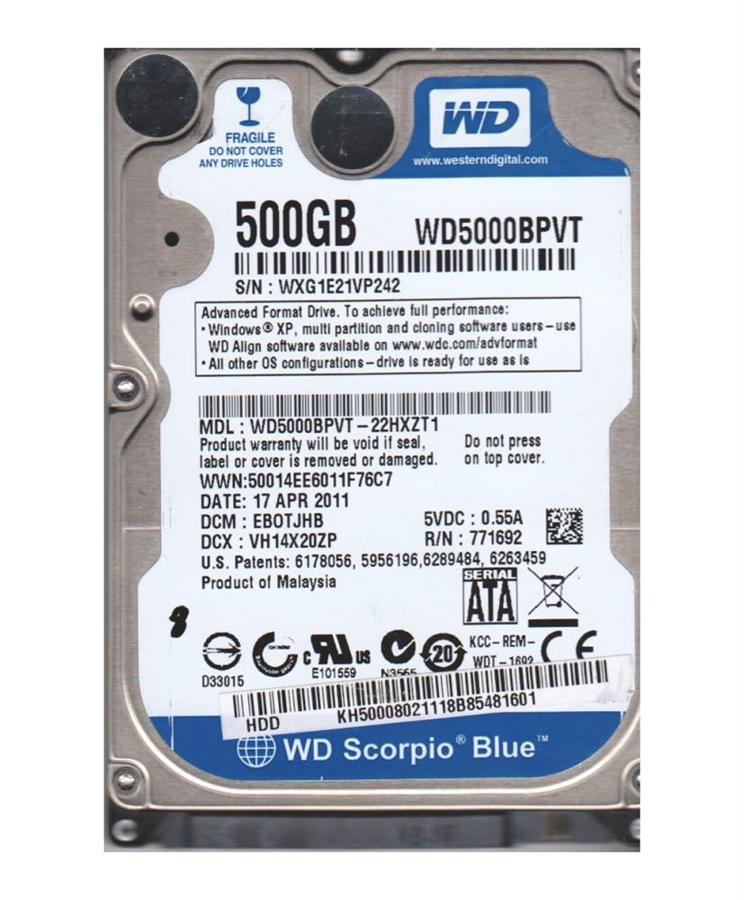 WD5000BPVT-22HXZT1 Western Digital Scorpio Blue 500GB 5400RPM SATA 3Gbps 8MB Cache 2.5-inch Internal Hard Drive
